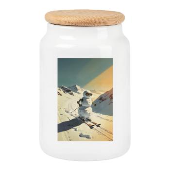 Skiing Snowman - Cookie Jar with Wooden Lid - white - Front