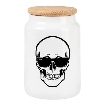 Crâne en ligne Spike noir contrastant avec le sourire - Boîte à biscuits avec couvercle en bois - blanc - Devant