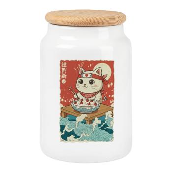 Kawaii Katze Griessbrei - Keksdose mit Holzdeckel - Weiß - Vorne