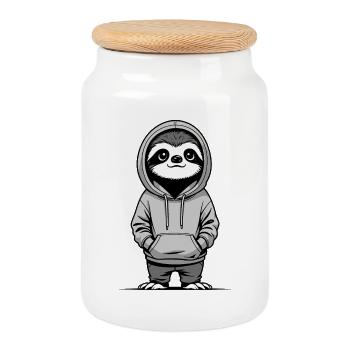Paresseux en sweat à capuche - Boîte à biscuits avec couvercle en bois - blanc - Devant
