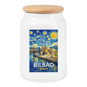 Bilbao Spain - Cookie Jar with Wooden Lid - white - Front