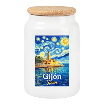 Gijon Spain - Cookie Jar with Wooden Lid - white - Front