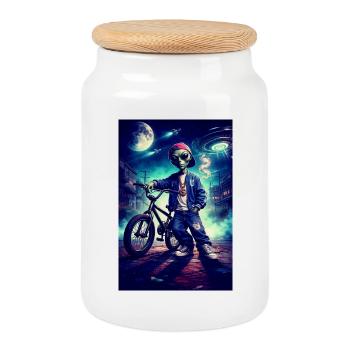 Alien BMX in Neon City - Cookie Jar with Wooden Lid - white - Front