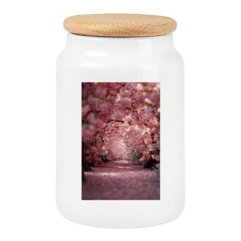 Cherry Blossom Arch Path - Cookie Jar with Wooden Lid - white - Front