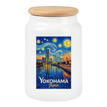 Yokohama, Japan - Cookie Jar with Wooden Lid - white - Front