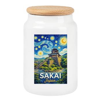 Sakai, Japan - Cookie Jar with Wooden Lid - white - Front
