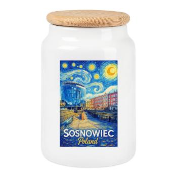 Sosnowiec, Pologne - Boîte à biscuits avec couvercle en bois - blanc - Devant