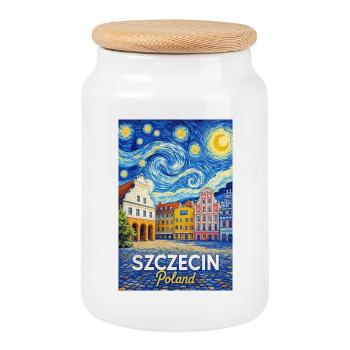 Szczecin, Poland - Cookie Jar with Wooden Lid - white - Front