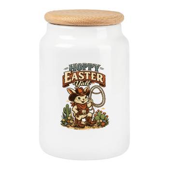 Happy Easter Ostern Cowboy Lasso retro - Keksdose mit Holzdeckel - Weiß - Vorne