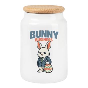 Un joli lapin de Pâques avec un œuf coloré et des lettres - Boîte à biscuits avec couvercle en bois - blanc - Devant