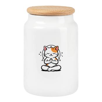 Cat Meditation Zen Pose - Cookie Jar with Wooden Lid - white - Front