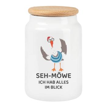 SEH-MÖWE I have everything in view – Funny Seagull - Cookie Jar with Wooden Lid - white - Front