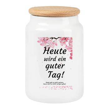 Aujourd’hui sera une bonne journée, motivation pour les fleurs de cerisier - Boîte à biscuits avec couvercle en bois - blanc - Devant