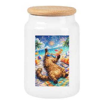 Tropical cat partying on the beach - Cookie Jar with Wooden Lid - white - Front