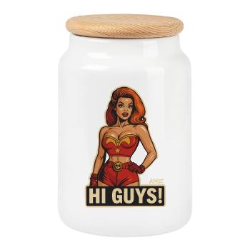 Hi Guys Retro Heroine  - Cookie Jar with Wooden Lid - white - Front