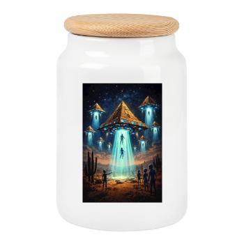 Alien UFO Pyramid Rocket - Cookie Jar with Wooden Lid - white - Front