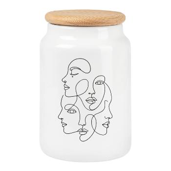 Minimalist One Line Multi Face - Cookie Jar with Wooden Lid - white - Front