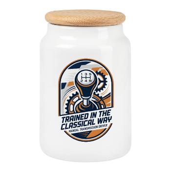 Trained in Classical Manual Transmission driver  - Cookie Jar with Wooden Lid - white - Front