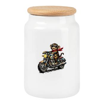 Singe moto dans le style course - Boîte à biscuits avec couvercle en bois - blanc - Devant