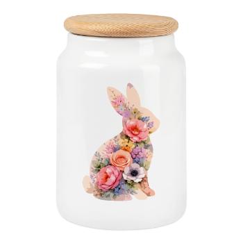 Hase Pastell Blumen - Keksdose mit Holzdeckel - Weiß - Vorne