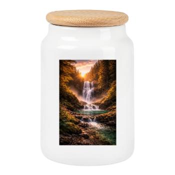 Waterfall in the evening sun - Cookie Jar with Wooden Lid - white - Front