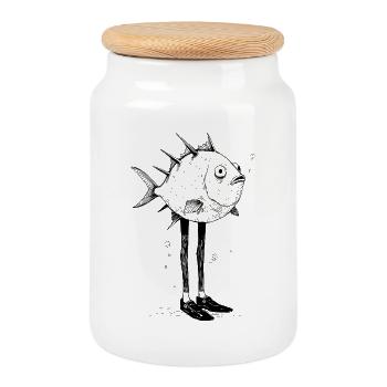 Lustiger Fisch mit Beinen Cartoon Motiv - Keksdose mit Holzdeckel - Weiß - Vorne