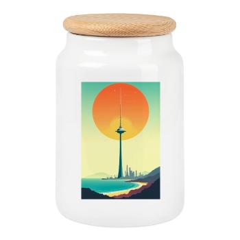 Sunset Tower Over Coastal City - Cookie Jar with Wooden Lid - white - Front