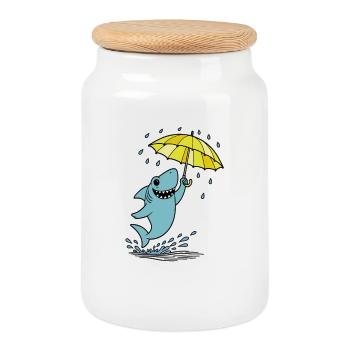 Umbrella shark in the rain - Cookie Jar with Wooden Lid - white - Front