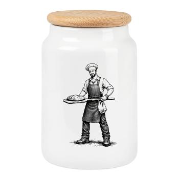 Baker Vintage Illustration Black and White - Cookie Jar with Wooden Lid - white - Front