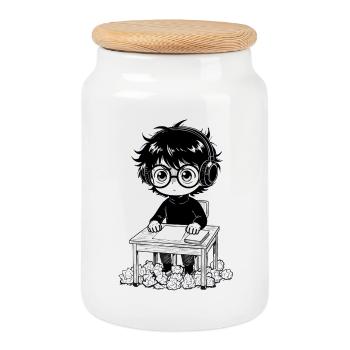 Student Sticker Headset Saturation Black and White - Cookie Jar with Wooden Lid - white - Front