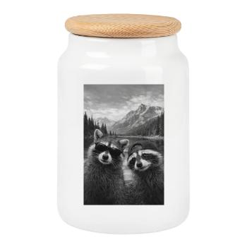 Raccoon Duo at Mountain Lake Retro - Cookie Jar with Wooden Lid - white - Front