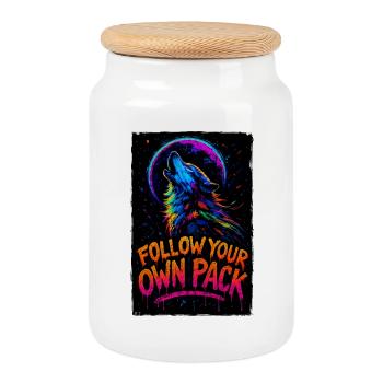 Loup Alpha Multicolore Design Follow Your Own Pack - Boîte à biscuits avec couvercle en bois - blanc - Devant
