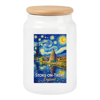 Stoke-on-Trent, England, Starry Town, Riverside - Cookie Jar with Wooden Lid - white - Front