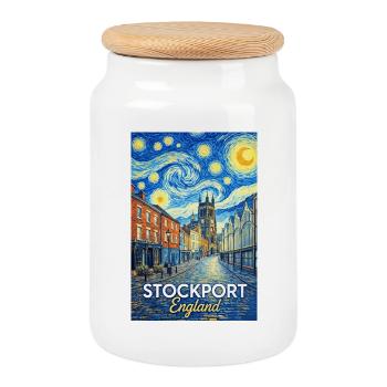 Stockport England Starry Night Street Scene - Cookie Jar with Wooden Lid - white - Front