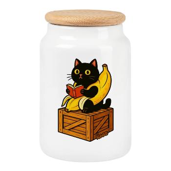 Buch lesen Katze auf Banane Kostüm - Keksdose mit Holzdeckel - Weiß - Vorne