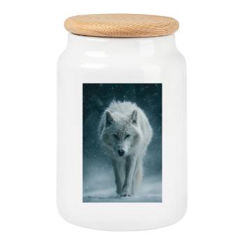 Arktischer Wolf im Schneefall - Keksdose mit Holzdeckel - Weiß - Vorne