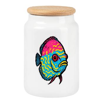 Pop Art Diskusfisch rosa und leuchtend gelb - Keksdose mit Holzdeckel - Weiß - Vorne