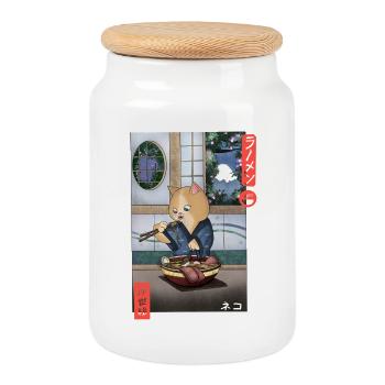 Kawaii Cat Eating Ramen Shirt - Cookie Jar with Wooden Lid - white - Front
