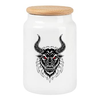 Fighting Bull Totem Hörner Verzierte rote Augen - Keksdose mit Holzdeckel - Weiß - Vorne