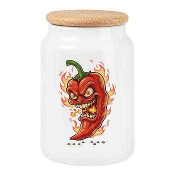 Flammender Chili-Gesicht - Keksdose mit Holzdeckel - Weiß - Vorne