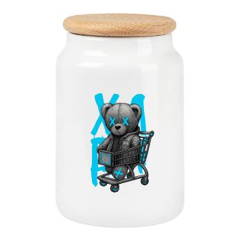 Teddy bear in neon trolley X - Cookie Jar with Wooden Lid - white - Front