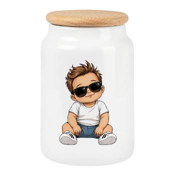 Bébé avec des lunettes de soleil - Boîte à biscuits avec couvercle en bois - blanc - Devant