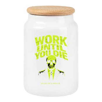 Working To The Death – Skull Style - Cookie Jar with Wooden Lid - white - Front
