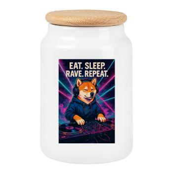Shiba Inu DJ: Eat Sleep Rave Repeat Nachtclub - Keksdose mit Holzdeckel - Weiß - Vorne
