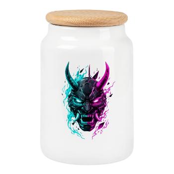 Masque Cyber Oni Néon - Boîte à biscuits avec couvercle en bois - blanc - Devant