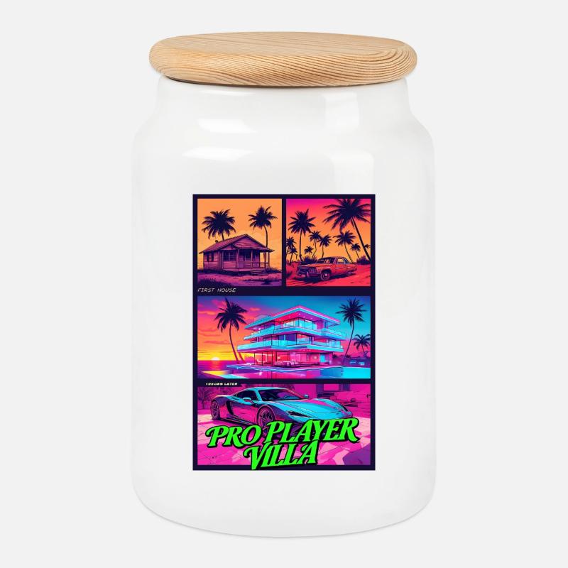 PROFISPIELER VILLA - Neon Synthwave Gaming Art - Keksdose mit Holzdeckel - Weiß