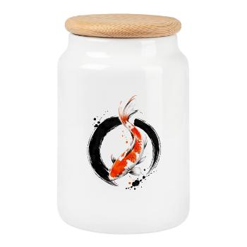 Zen Koi Ink Circle - Cookie Jar with Wooden Lid - white - Front