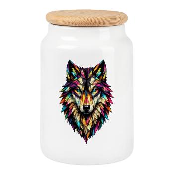 Loup géométrique coloré - Boîte à biscuits avec couvercle en bois - blanc - Devant