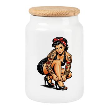 Old School Pin-Up Girl: Strong Retro Tattoo - Cookie Jar with Wooden Lid - white - Front