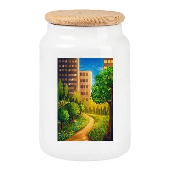 Green route between skyscrapers - Cookie Jar with Wooden Lid - white - Front